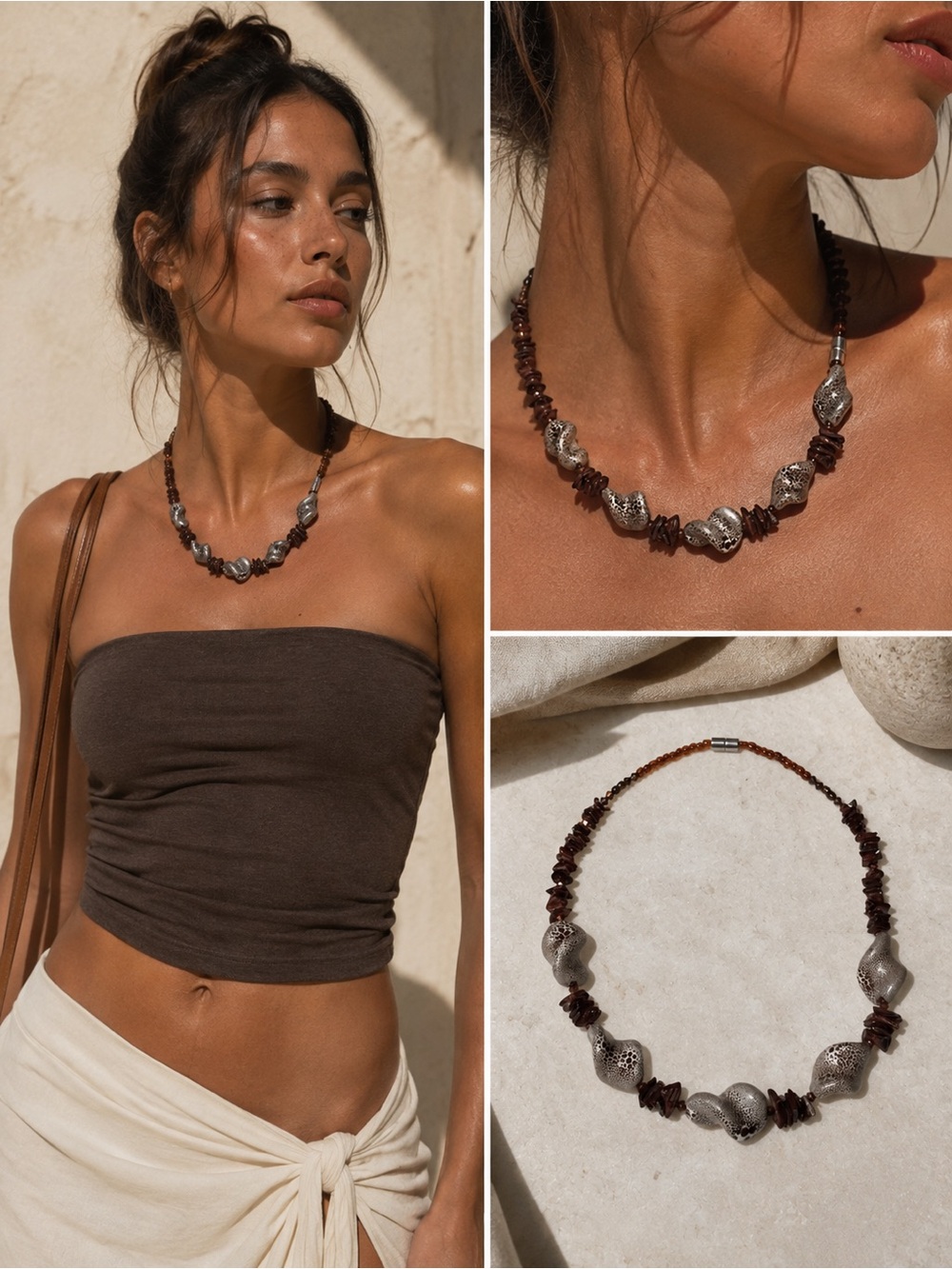 Handmade Brown Beaded Necklace with speckled ceramic Accents
